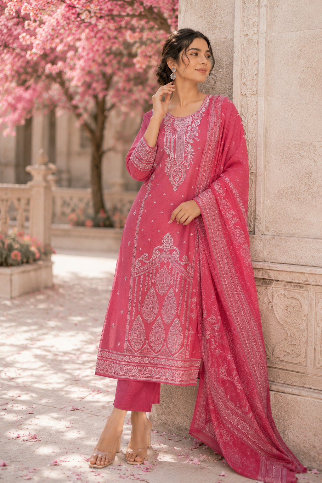 Rani pink  linen kurta set for women