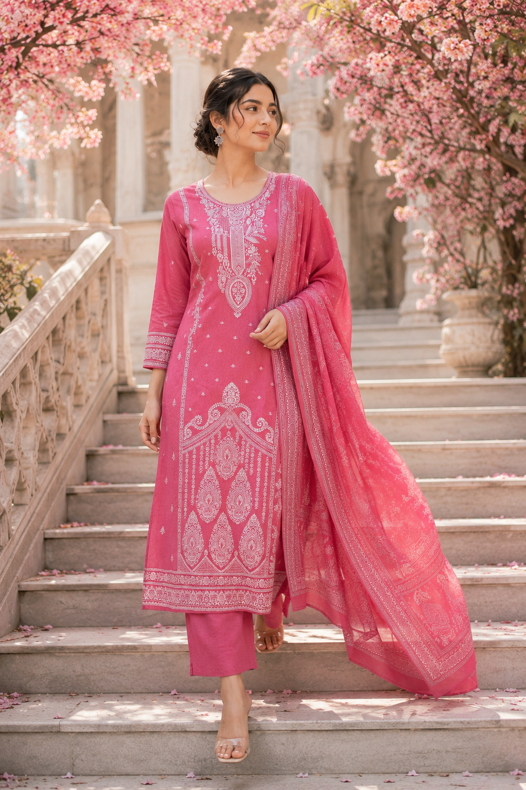 Rani pink printed cotton linen kurta set for women