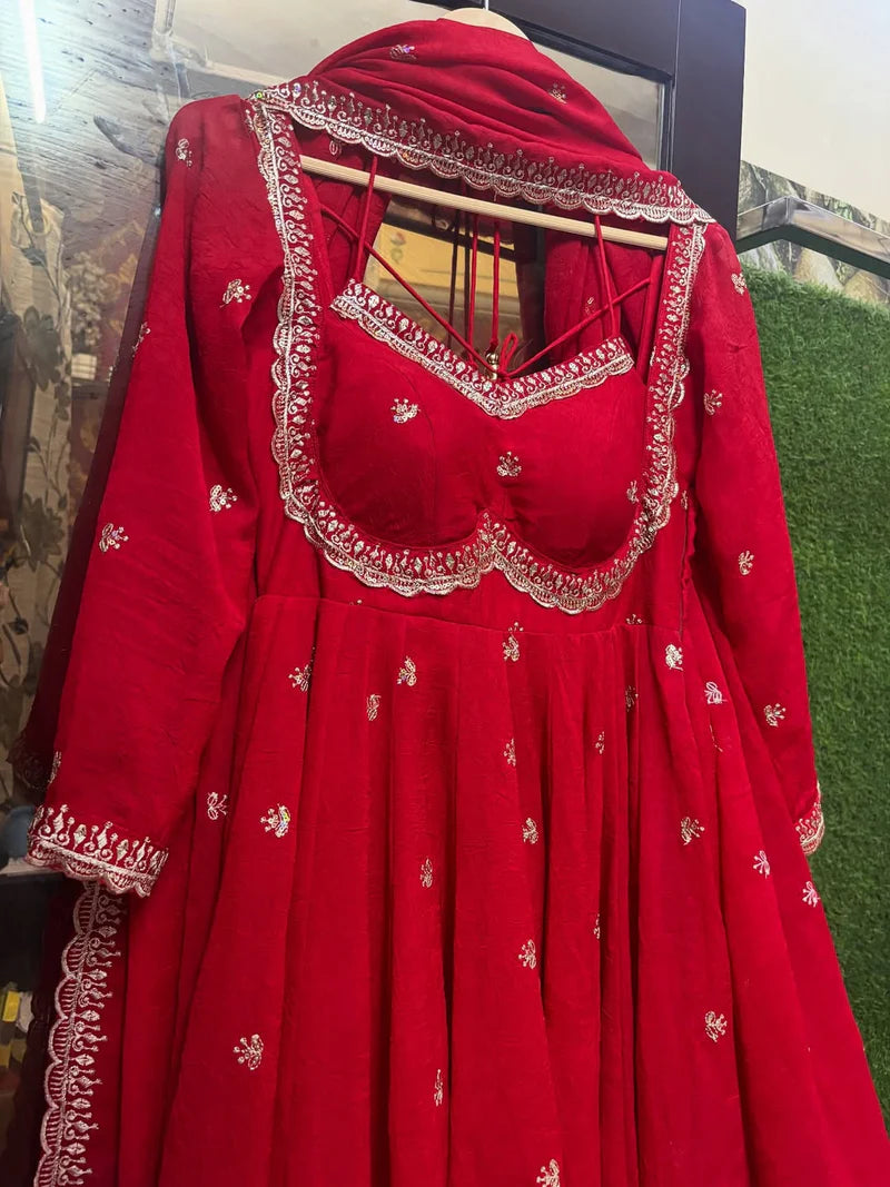 Red Chilli Slit Anarkali Premium Suit Set