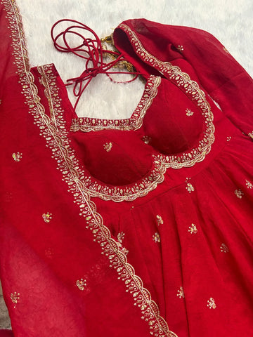 Red Chilli Faux Blooming Slit Anarkali Suit Set
