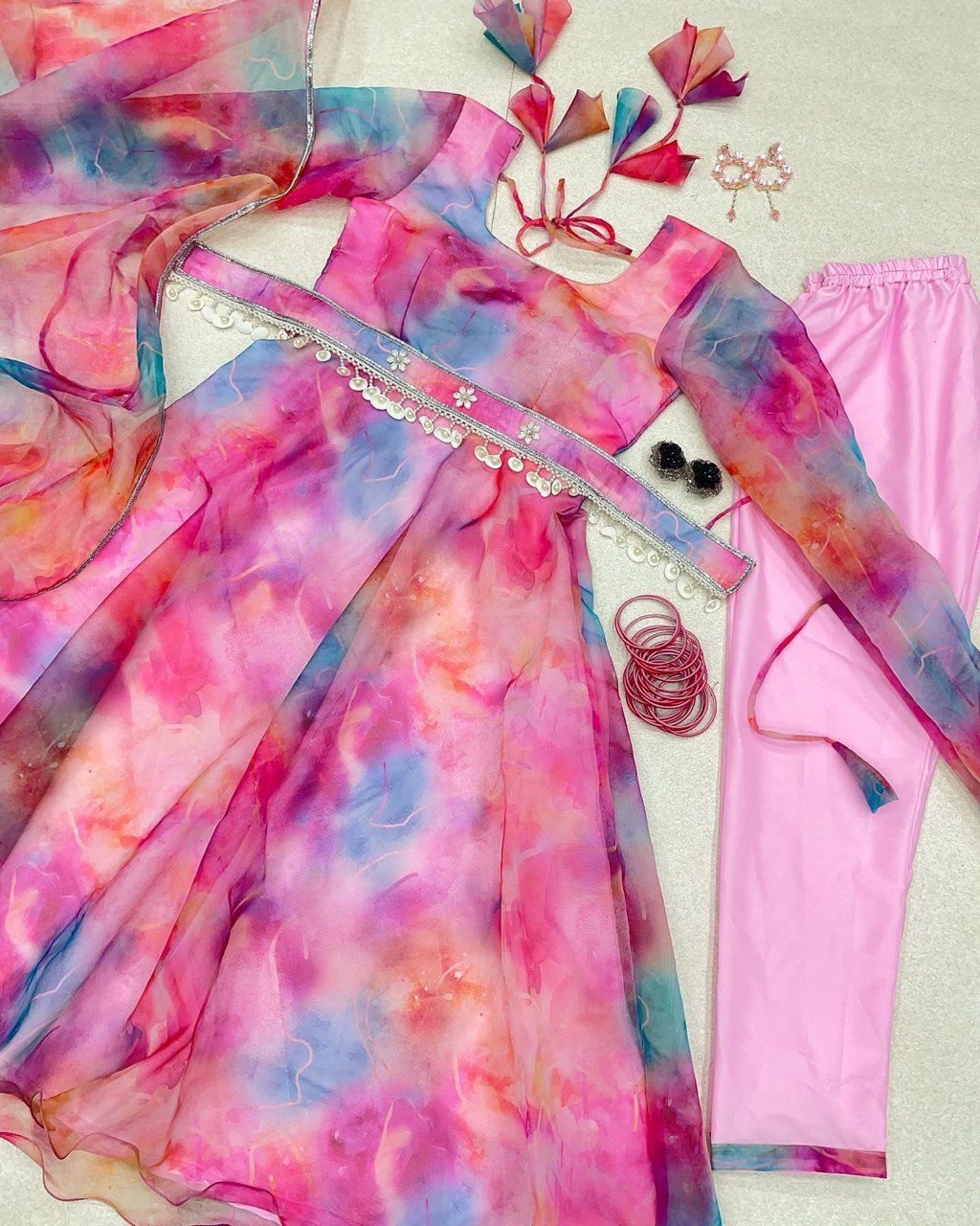 Luminous Pink Organza Silk Floral Digital Printed Anarkali Pant Suit