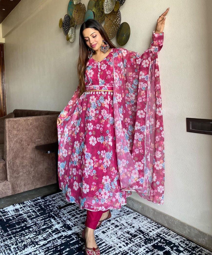 Winsome Rani Pink Georgette Silk Floral Anarkali Pant Suit