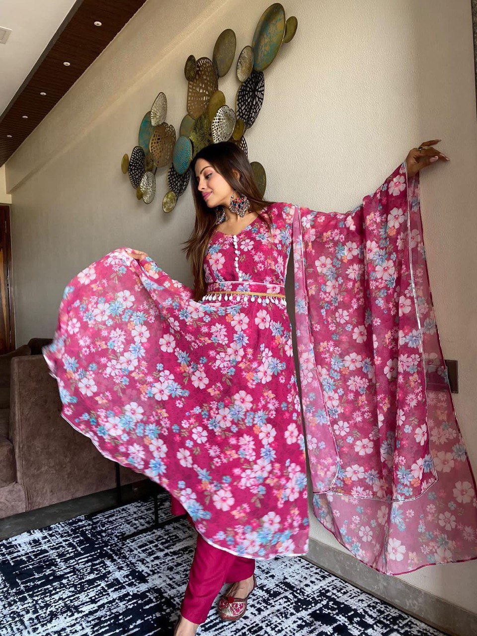 Winsome Rani Pink Georgette Silk Floral Anarkali Pant Suit