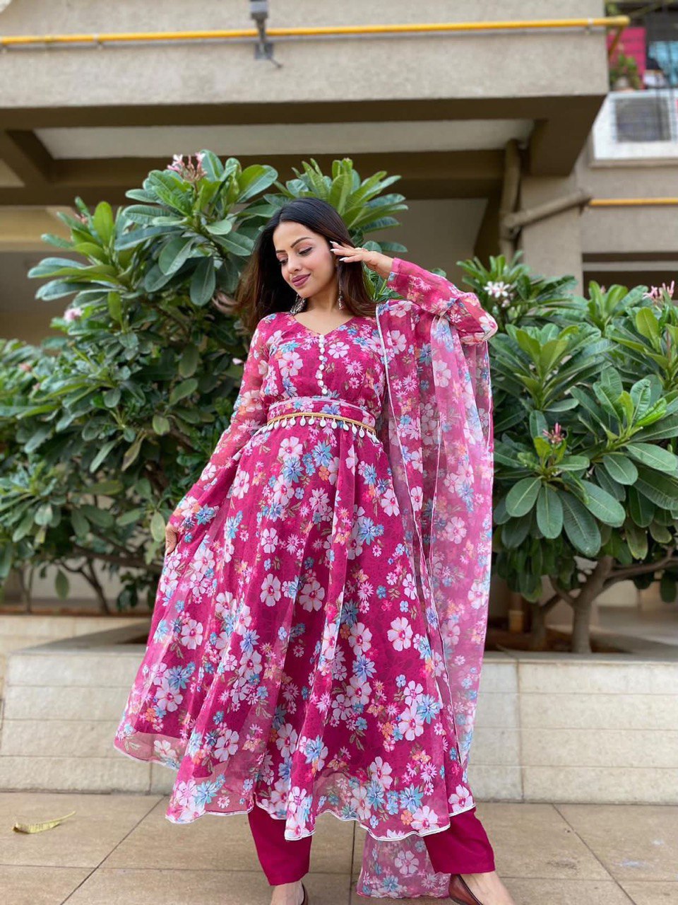 Winsome Rani Pink Georgette Silk Floral Anarkali Pant Suit