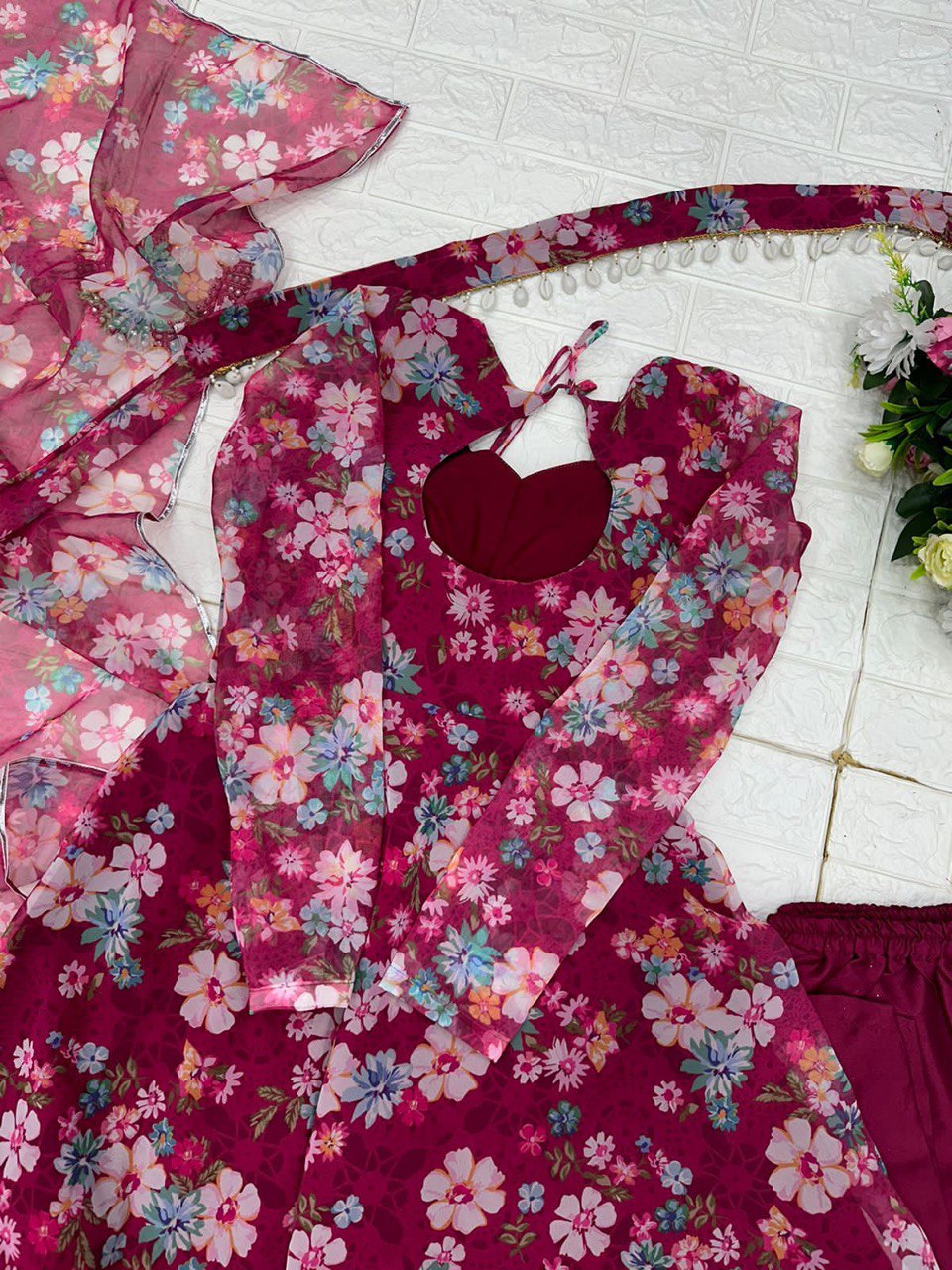 Winsome Rani Pink Georgette Silk Floral Anarkali Pant Suit