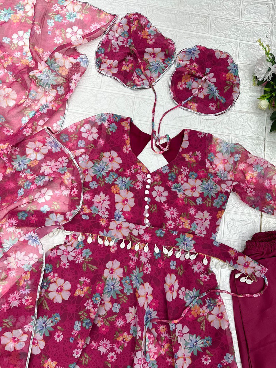 Winsome Rani Pink Georgette Silk Floral Anarkali Pant Suit