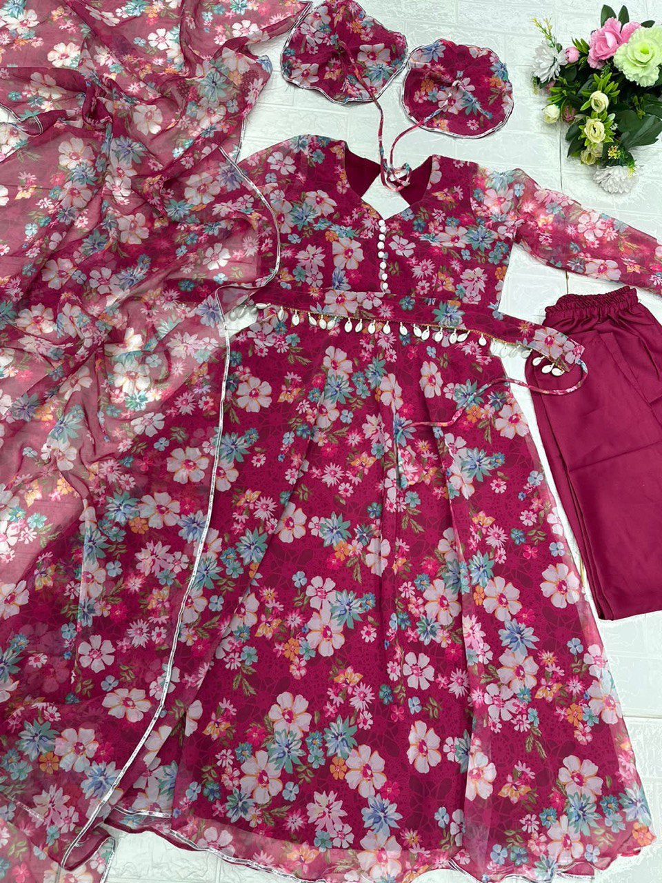 Winsome Rani Pink Georgette Silk Floral Anarkali Pant Suit