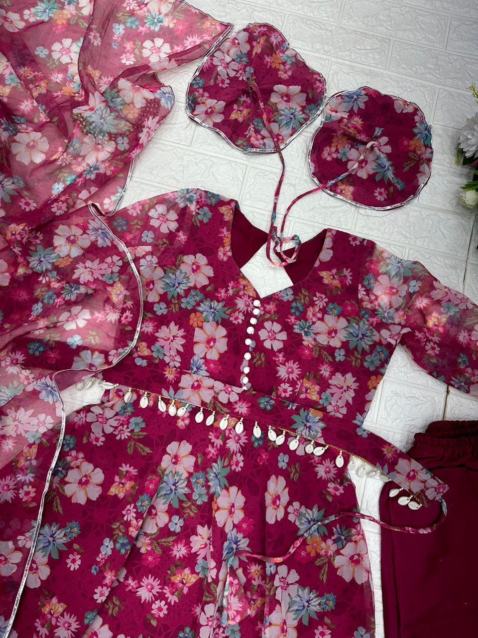 Winsome Rani Pink Georgette Silk Floral Anarkali Pant Suit