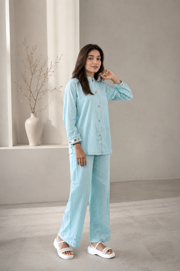 Light Blue Linen Embroidered Night Suit Set for Women