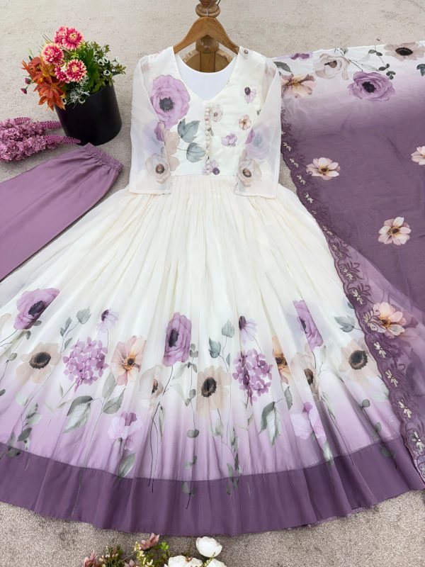 💜✨ Lavender & White Designer Floral Long Gown Set