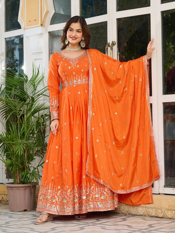 Fanta and Purple silky Anarkali Dress Set