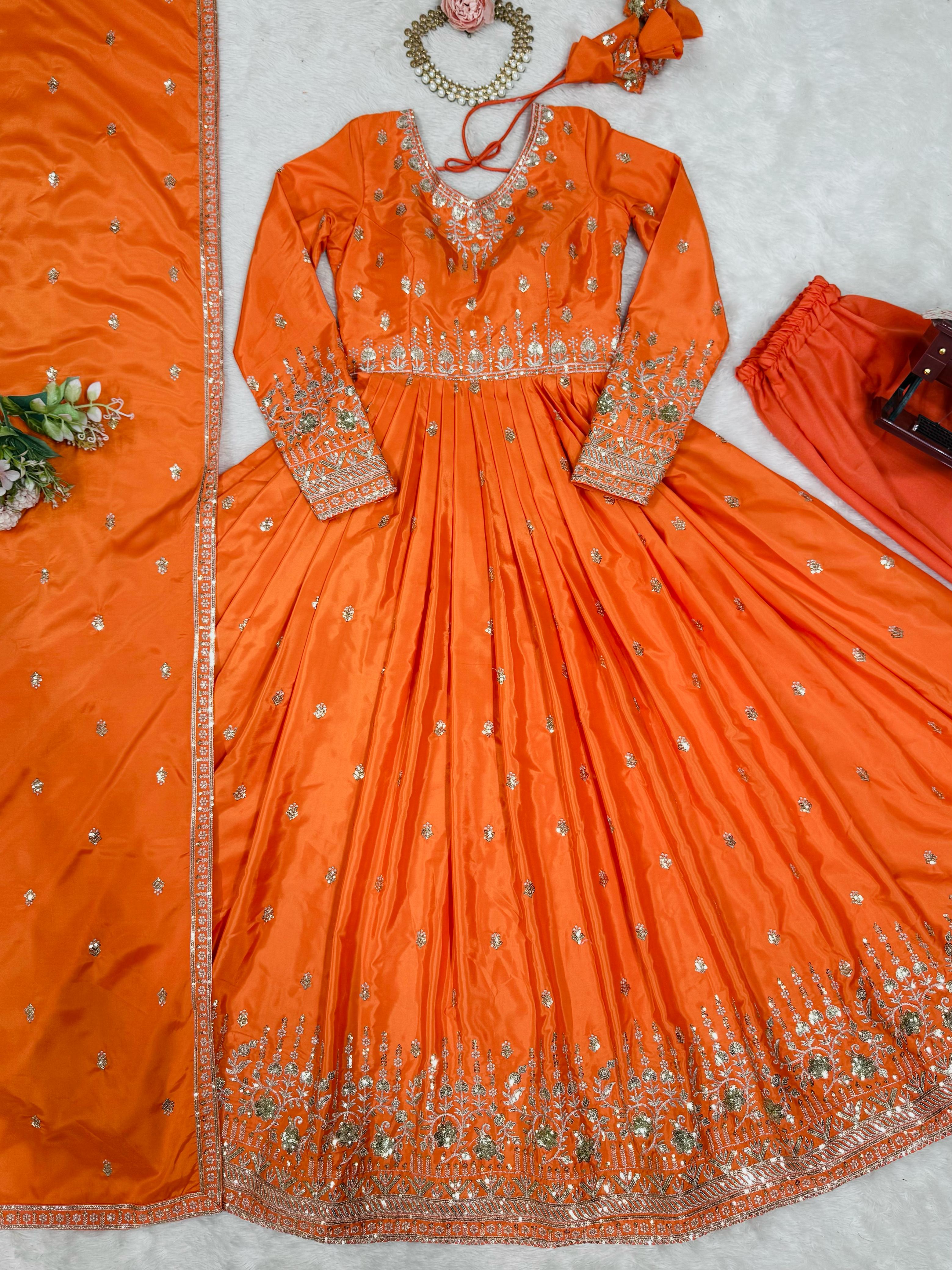 Fanta and Purple silky Anarkali Dress Set