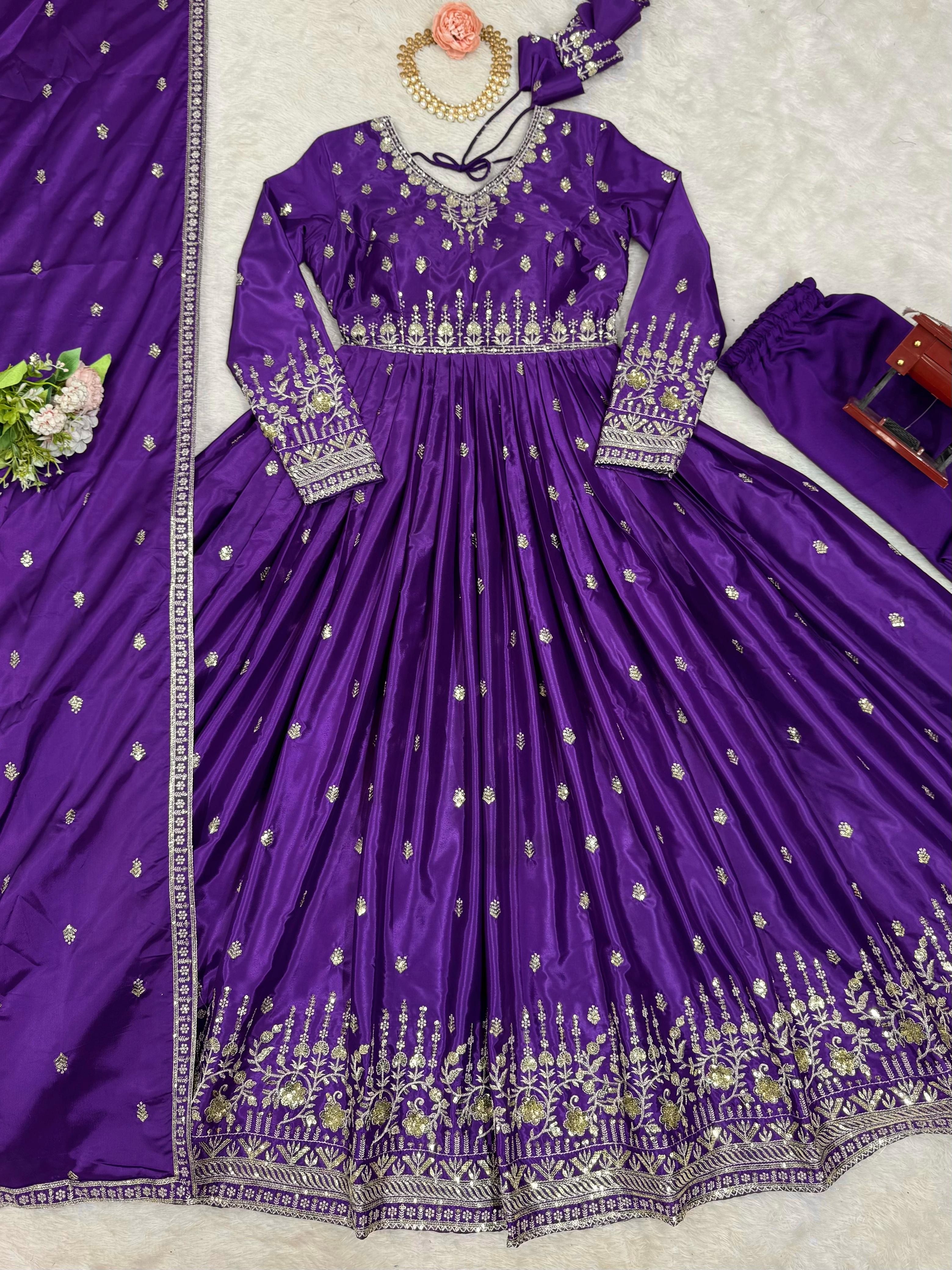 Fanta and Purple silky Anarkali Dress Set