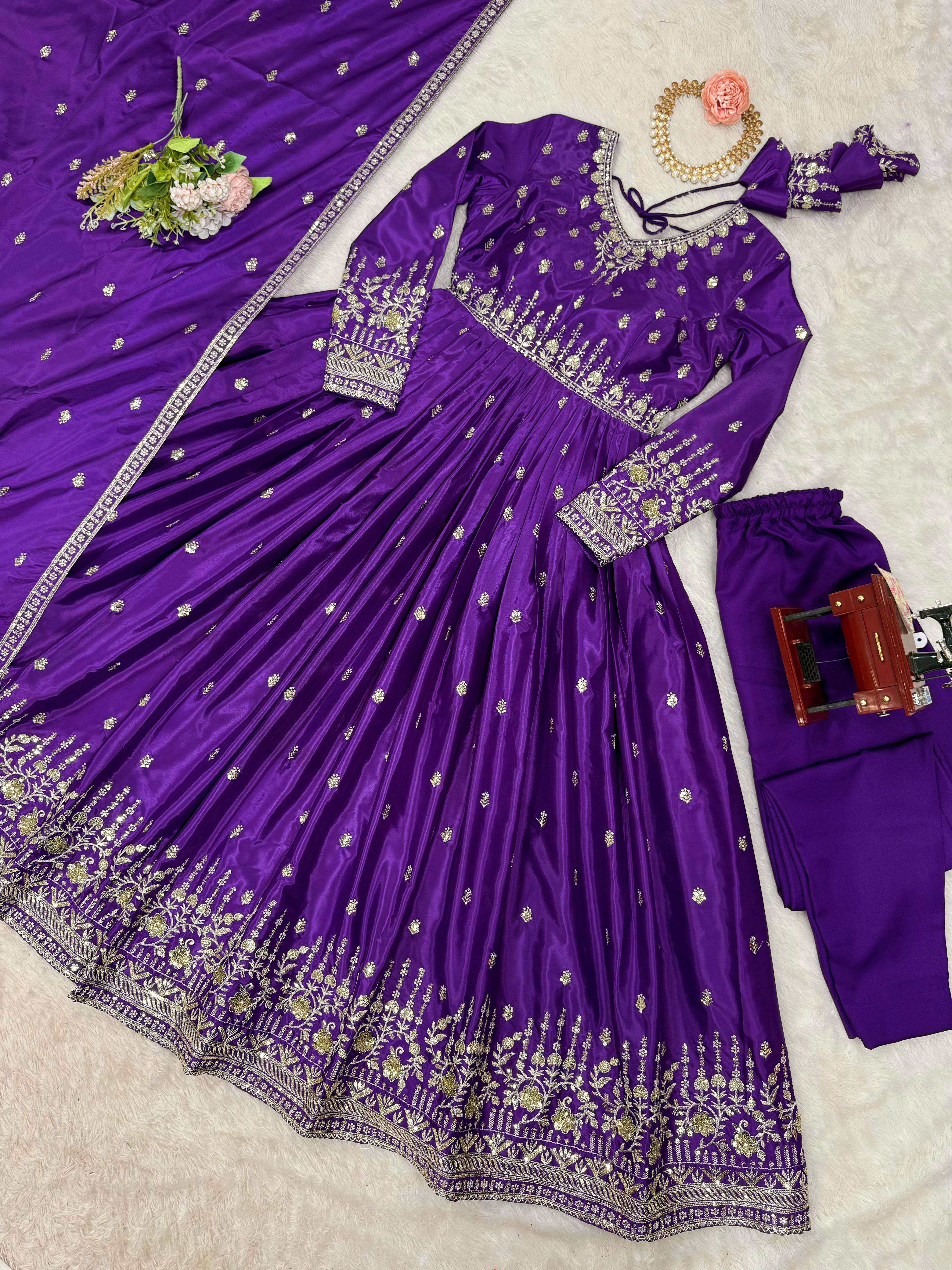 Fanta and Purple silky Anarkali Dress Set