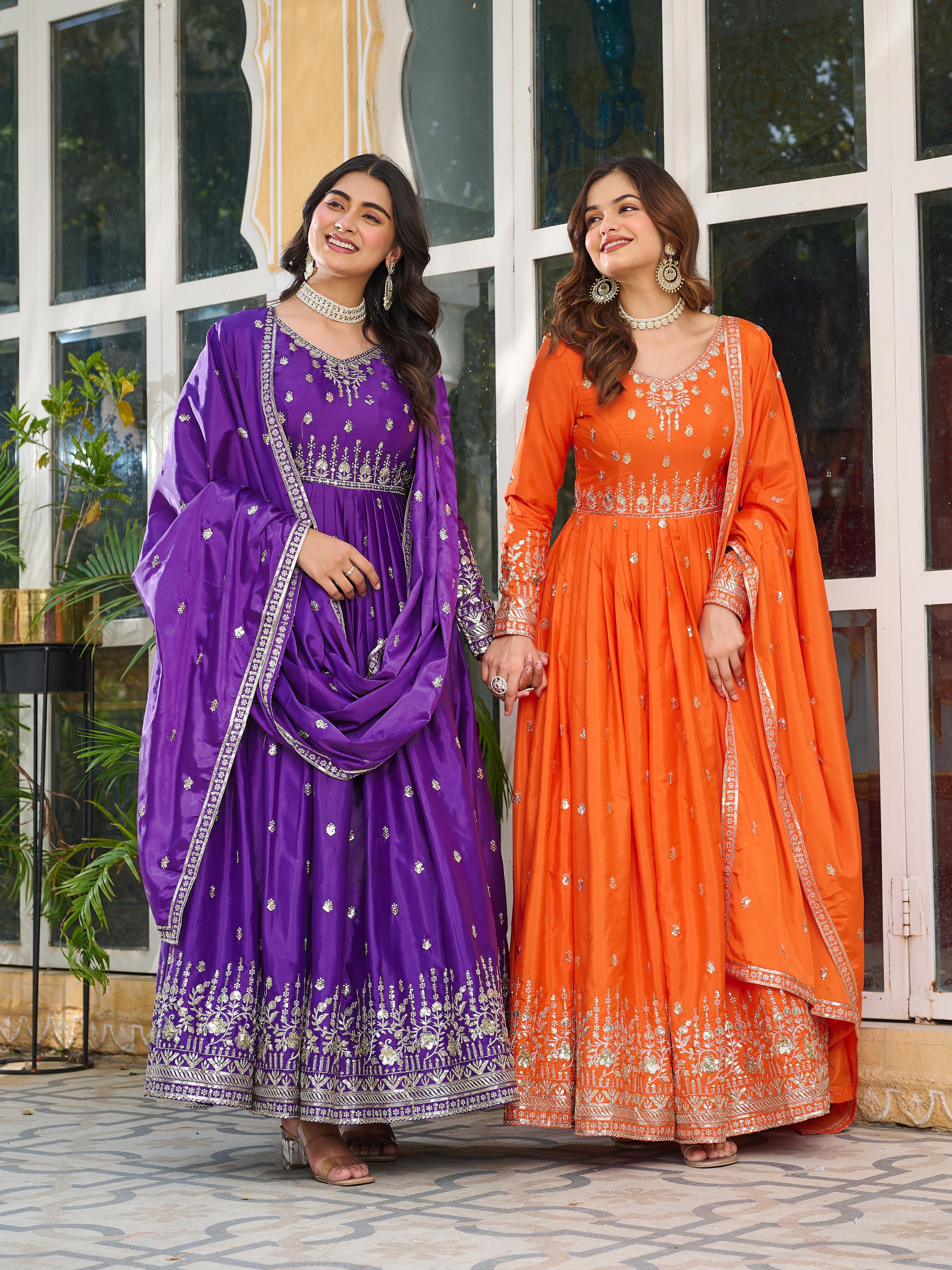 Fanta and Purple silky Anarkali Dress Set