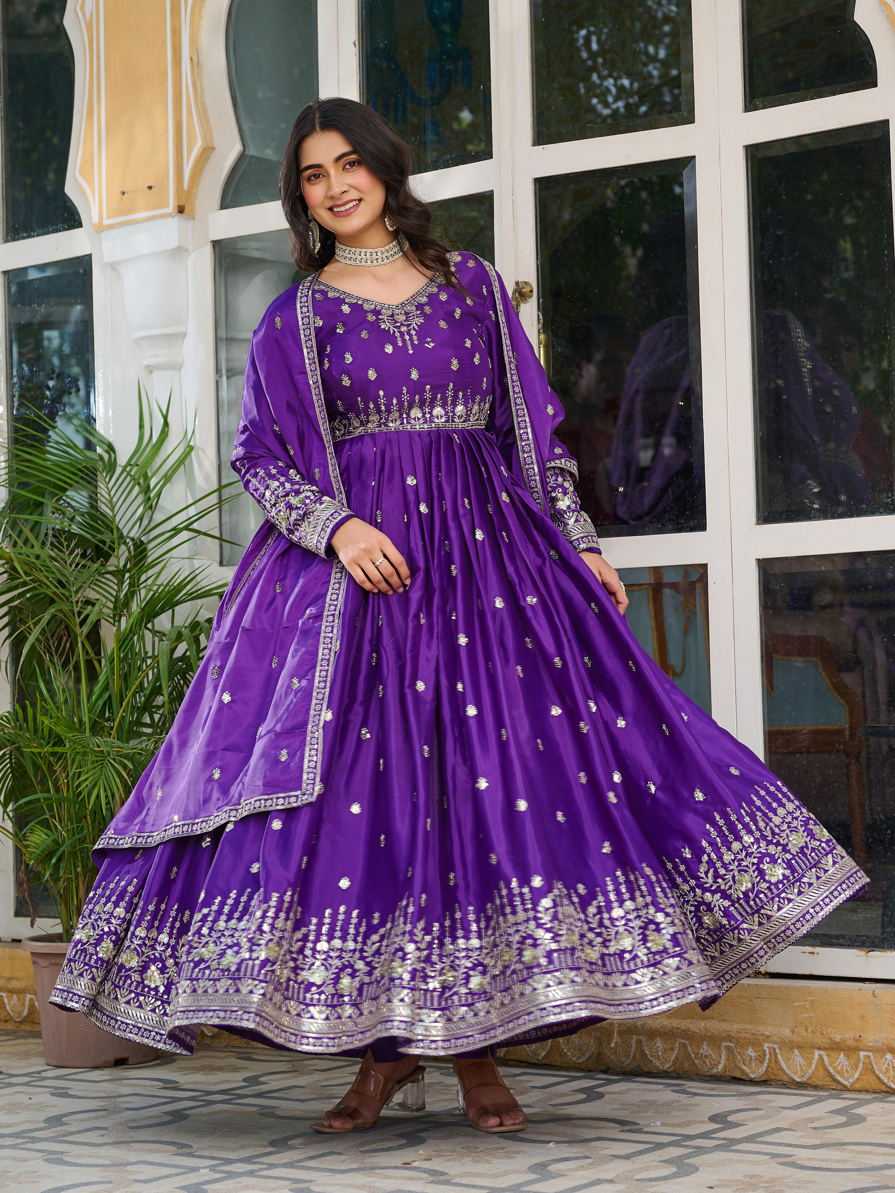 Fanta and Purple silky Anarkali Dress Set