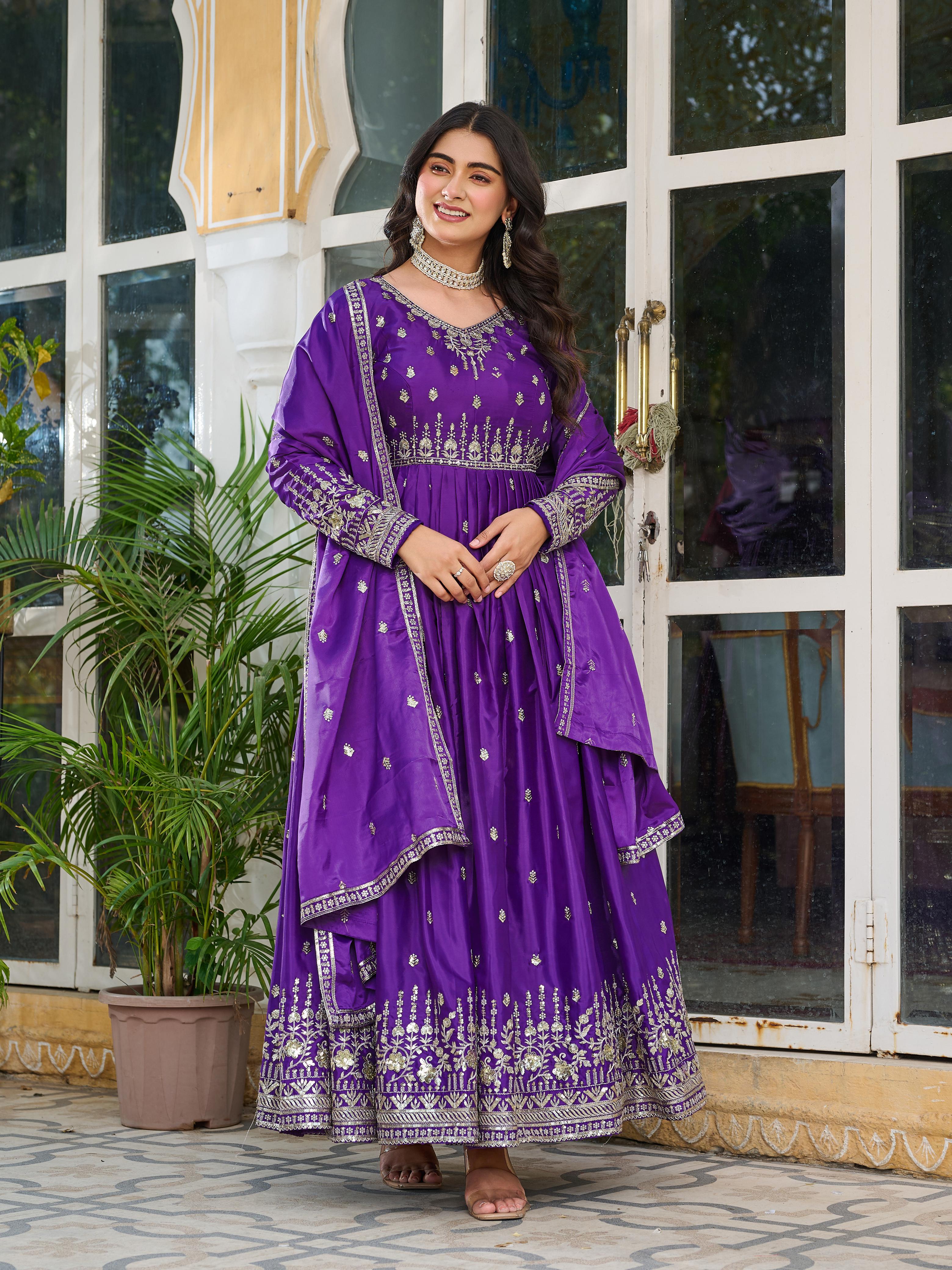 Fanta and Purple silky Anarkali Dress Set
