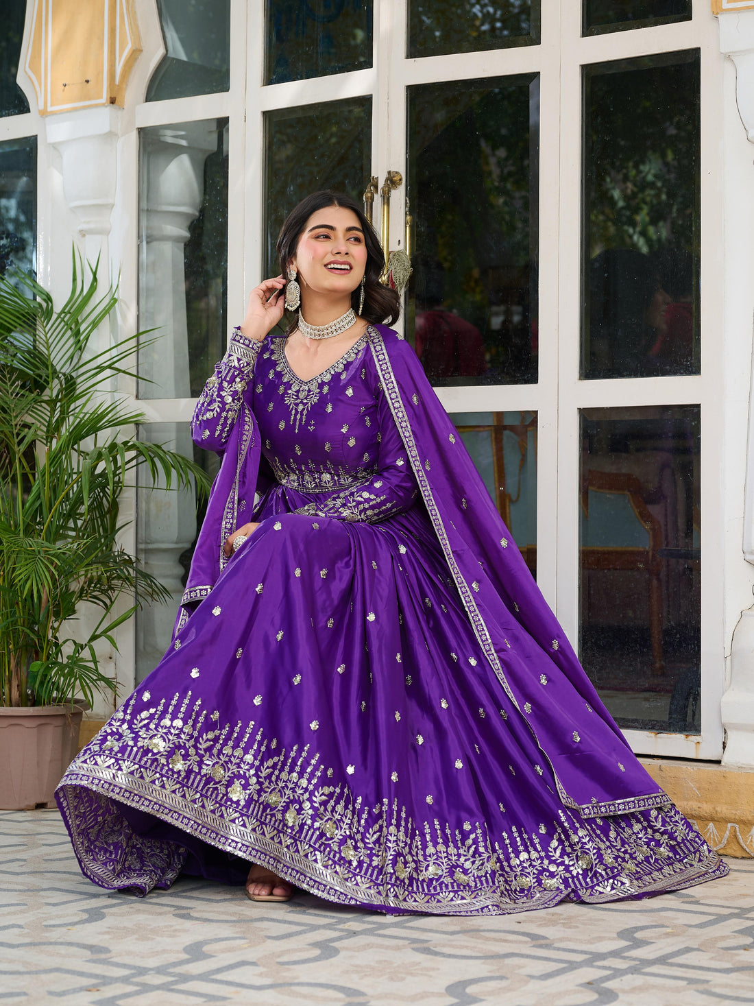 Fanta and Purple silky Anarkali Dress Set