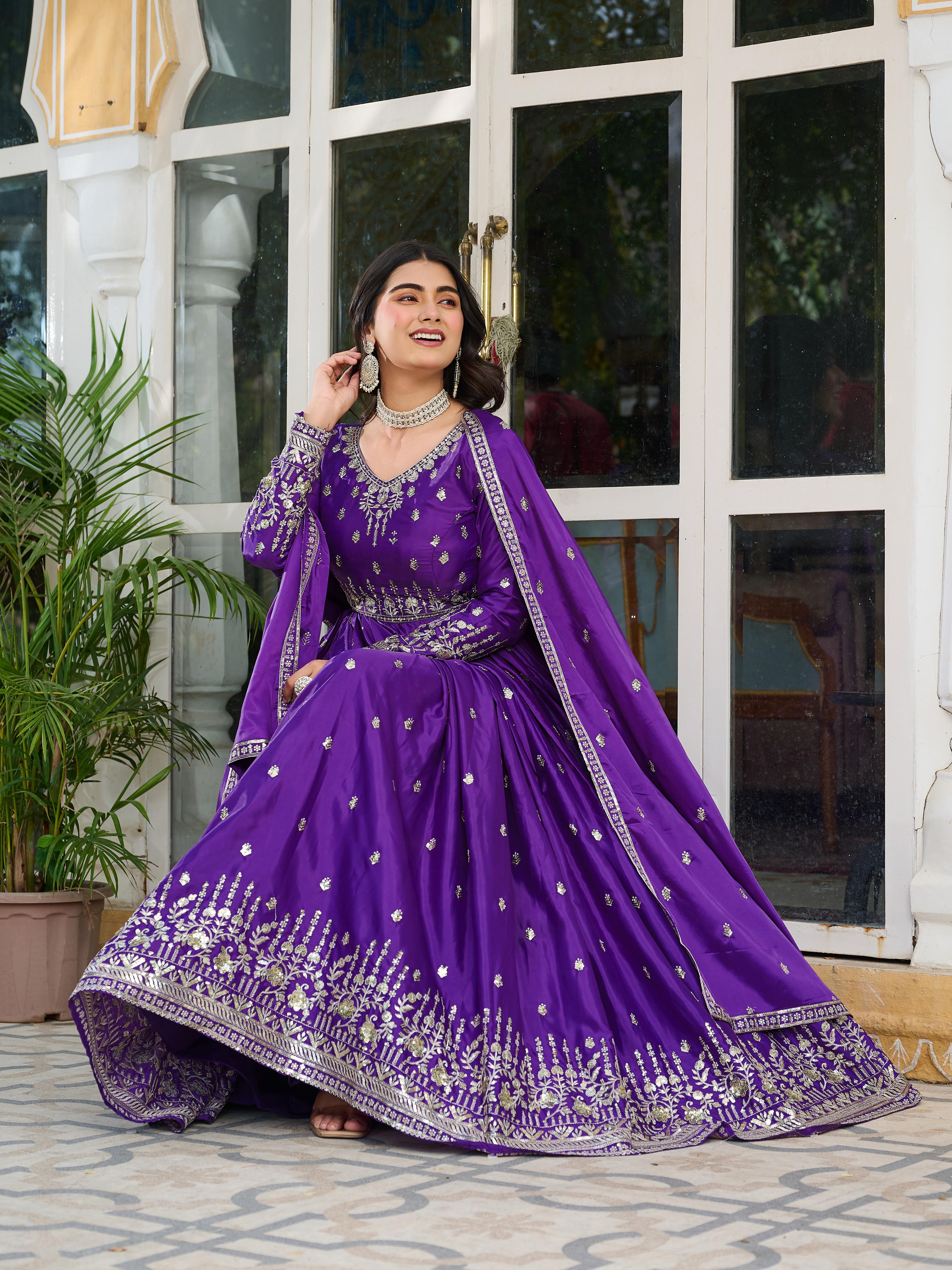 Fanta and Purple silky Anarkali Dress Set