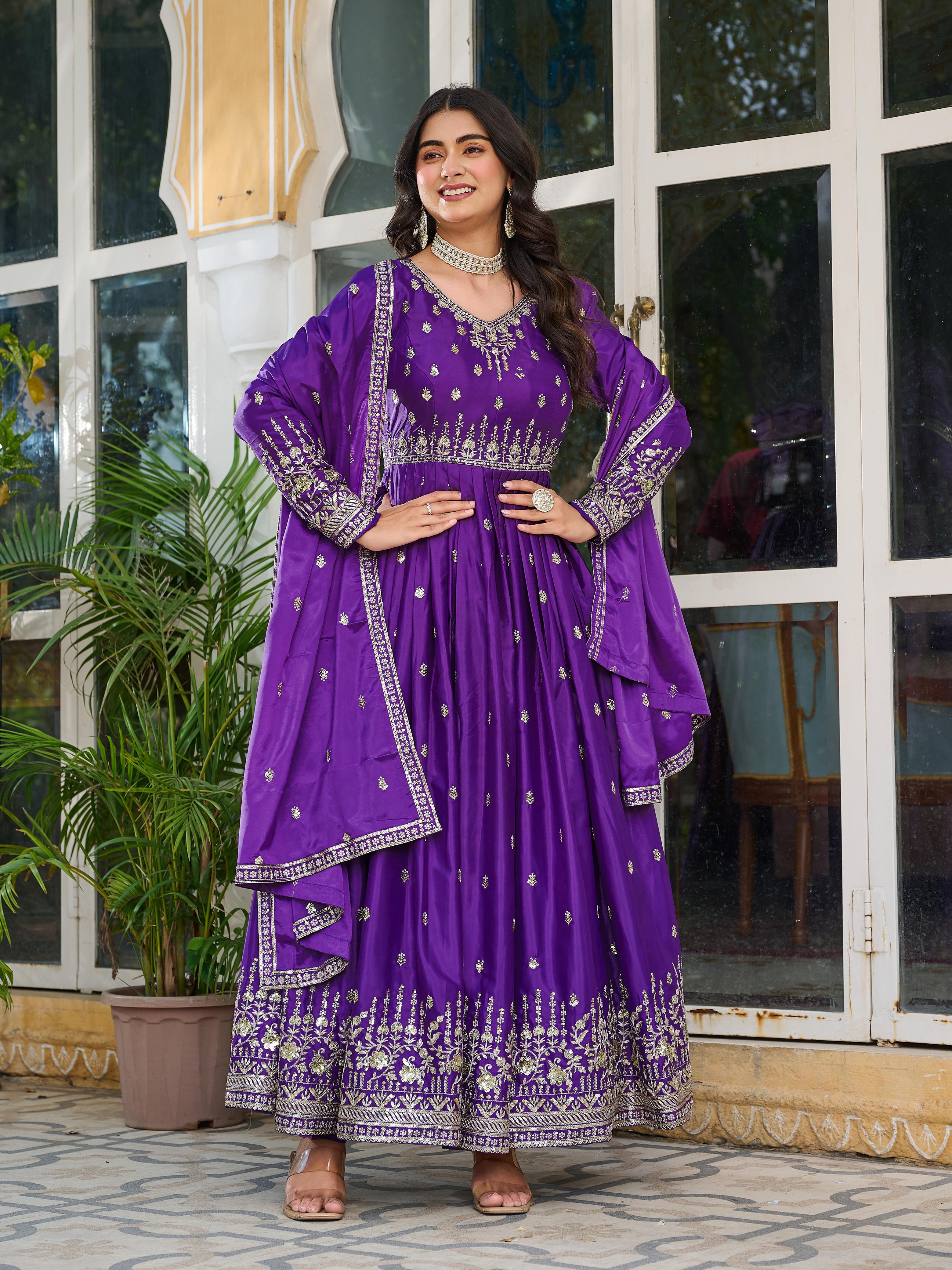 Fanta and Purple silky Anarkali Dress Set