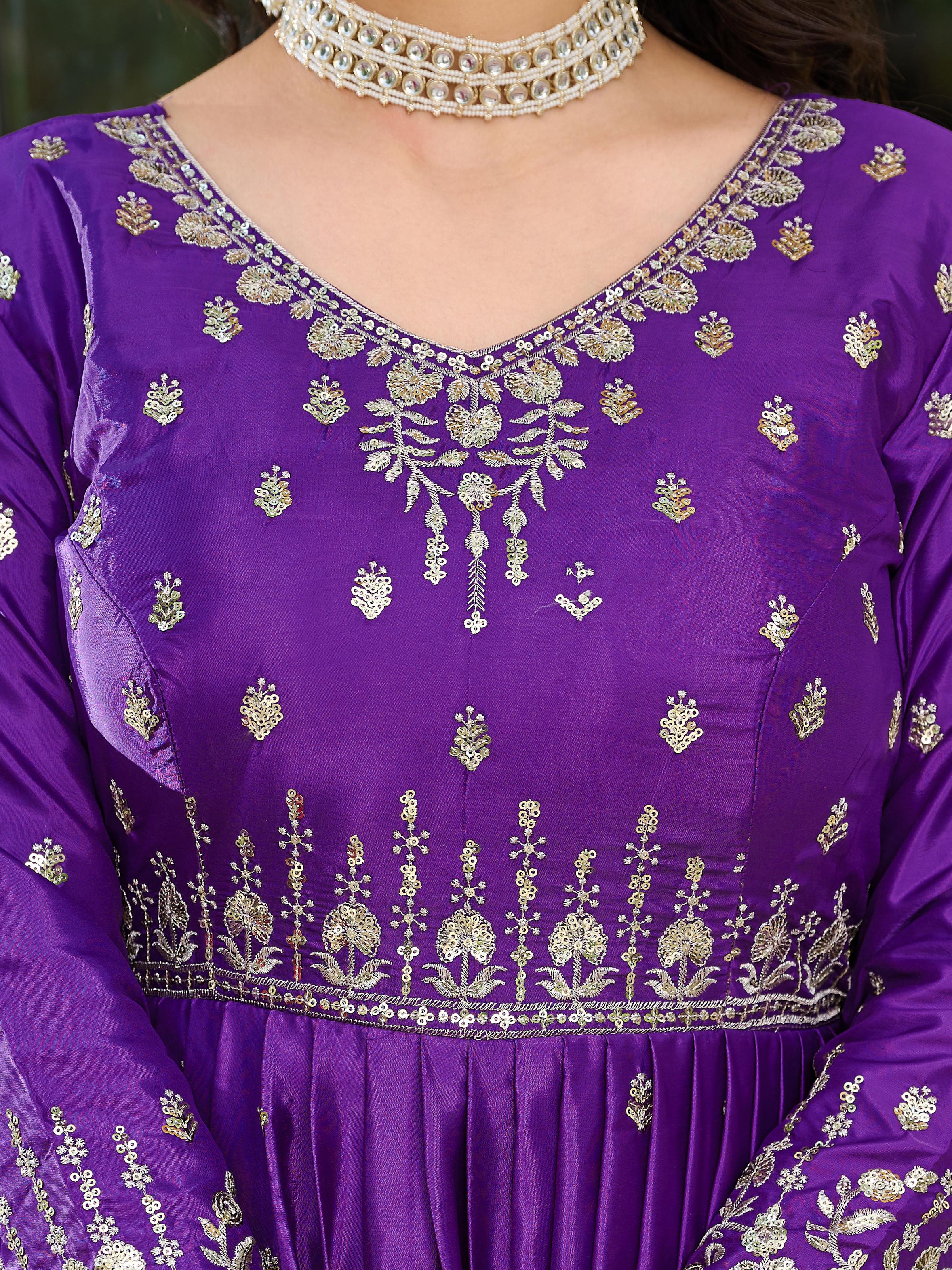 Fanta and Purple silky Anarkali Dress Set