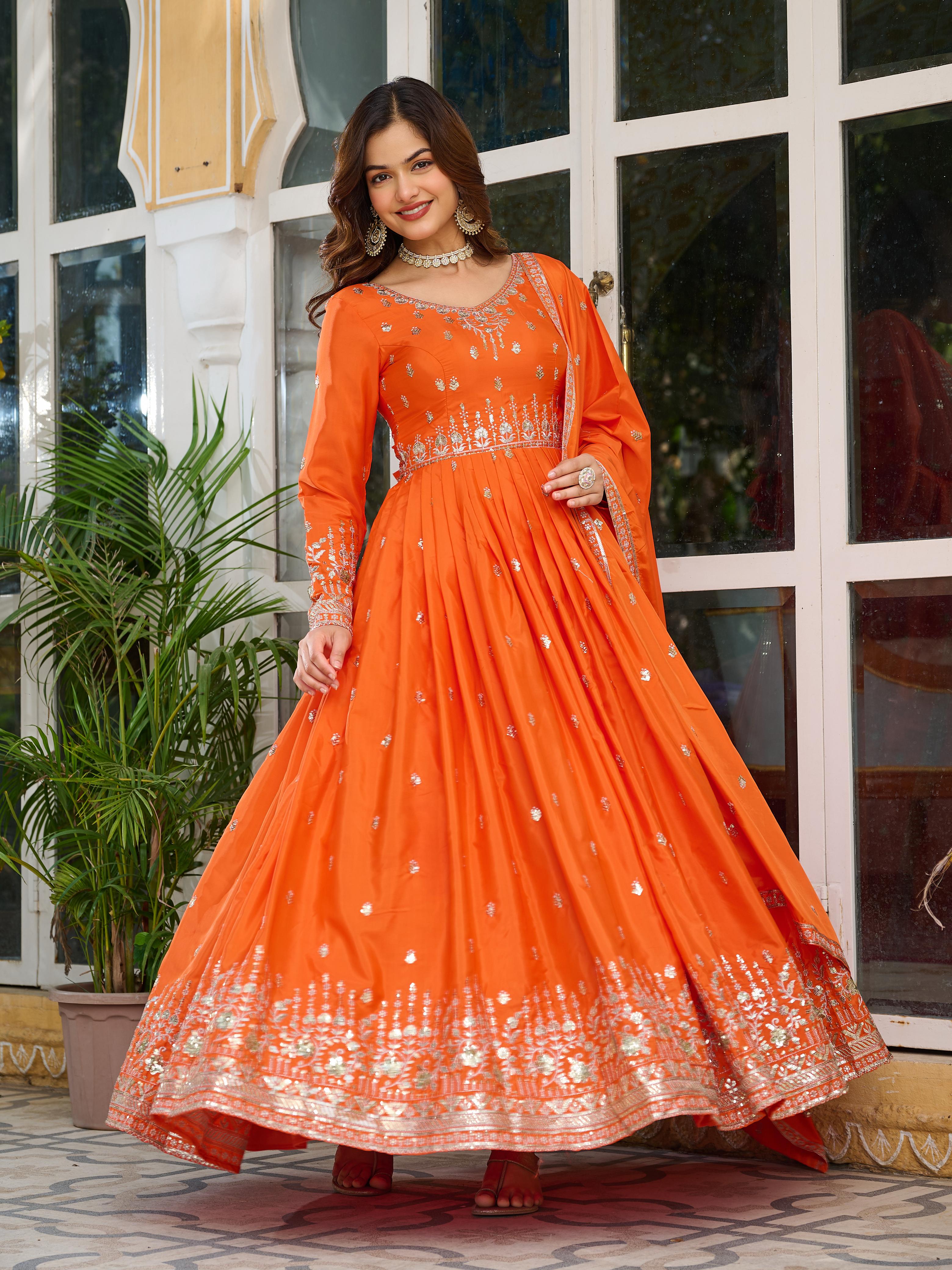 Fanta and Purple silky Anarkali Dress Set