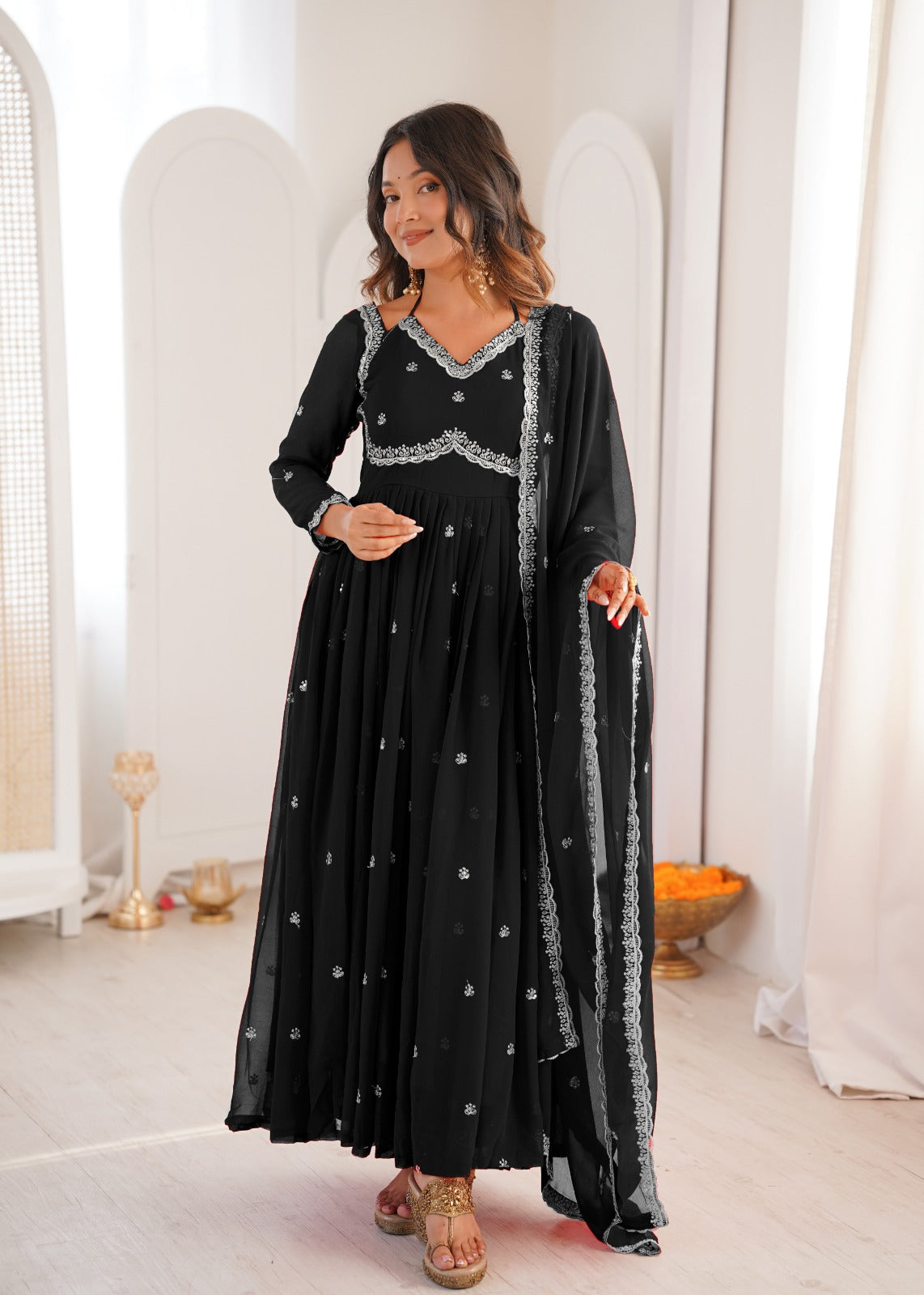 Black Embroidered Anarkali Suit Set With Dupatta