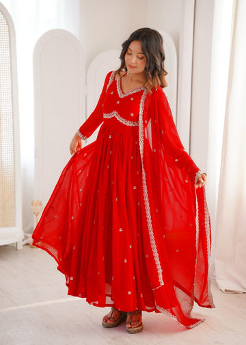 Red Georgette Anarkali Suit Set With Embroidered Dupatta