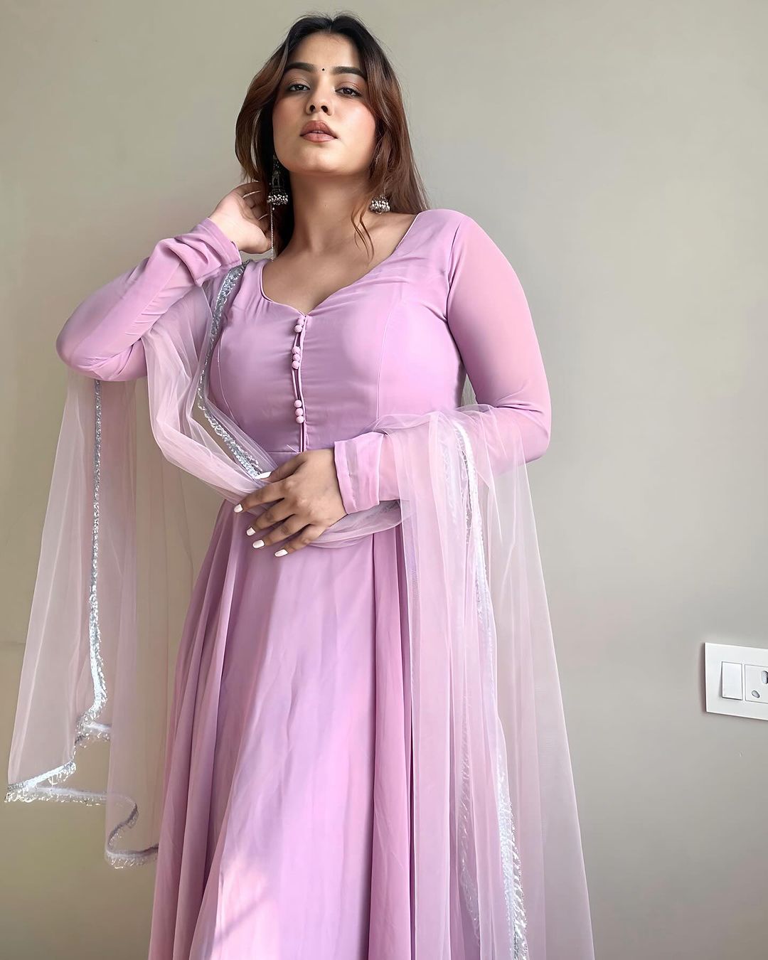 Kanak Mishra In Onion Color Anarkali Three Piece Suit