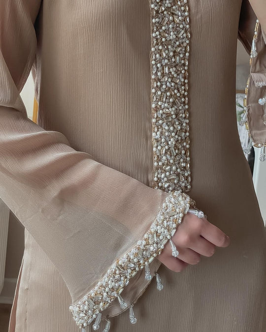 Premium Fox Georgette Straight Suit Set with Real Moti Handwork Dupatta