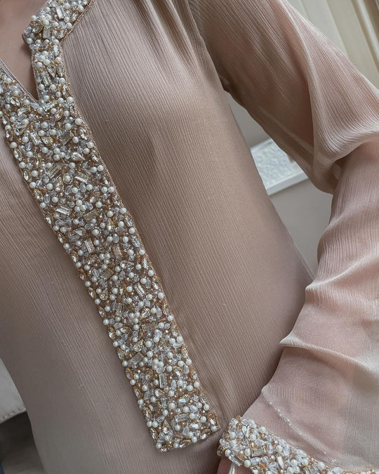 Premium Fox Georgette Straight Suit Set with Real Moti Handwork Dupatta