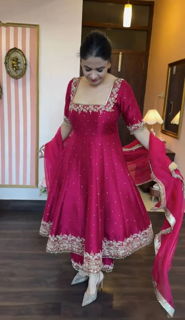 Magenta Embellished Anarkali Suit With Dupatta