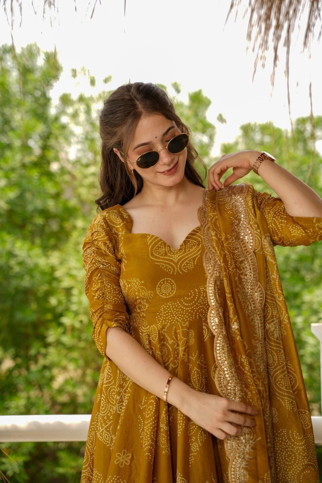 Mustard Yellow Muslin Printed Anarkali Suit Set