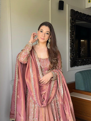 Pink Soft Silk Multi Embroidered Anarkali Lehenga Set