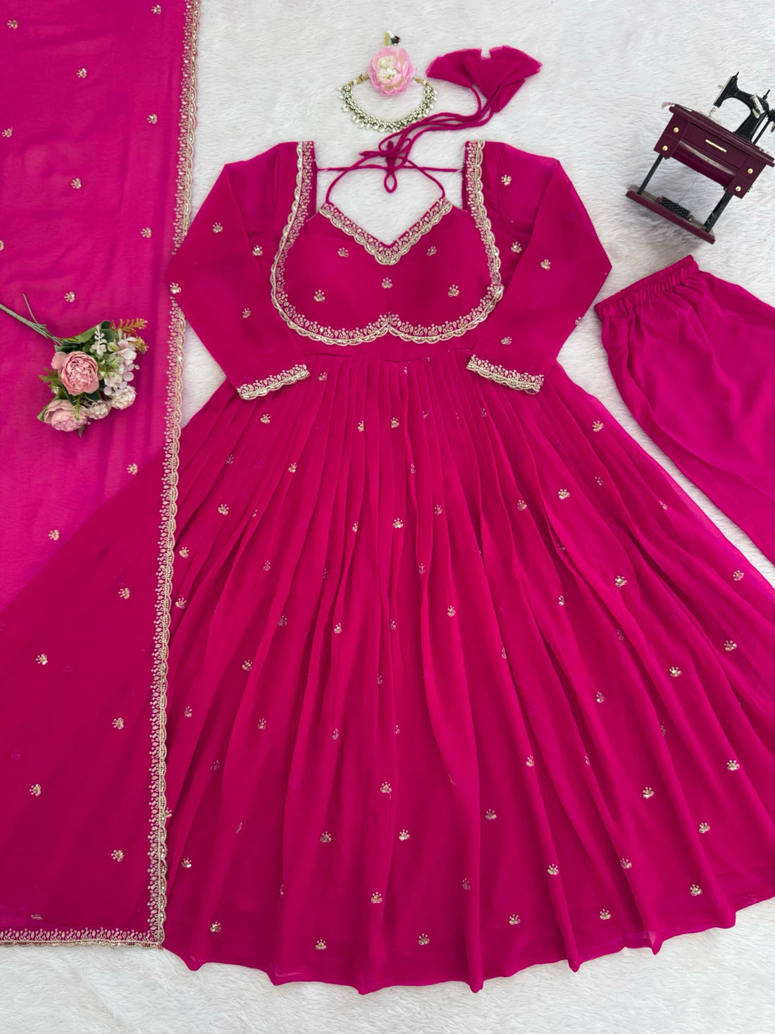 Womens Magenta Embellished Anarkali Suit With Dupatta
