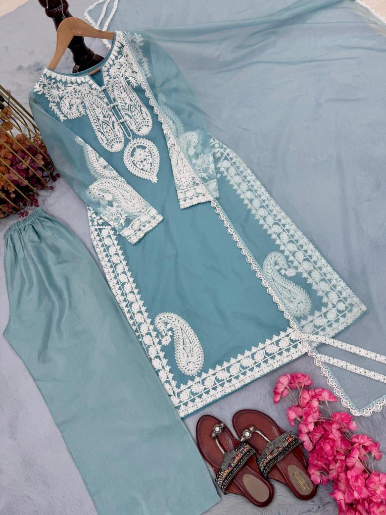 Sky Blue Embroidered Georgette Kurta Set With White Lace Detailing