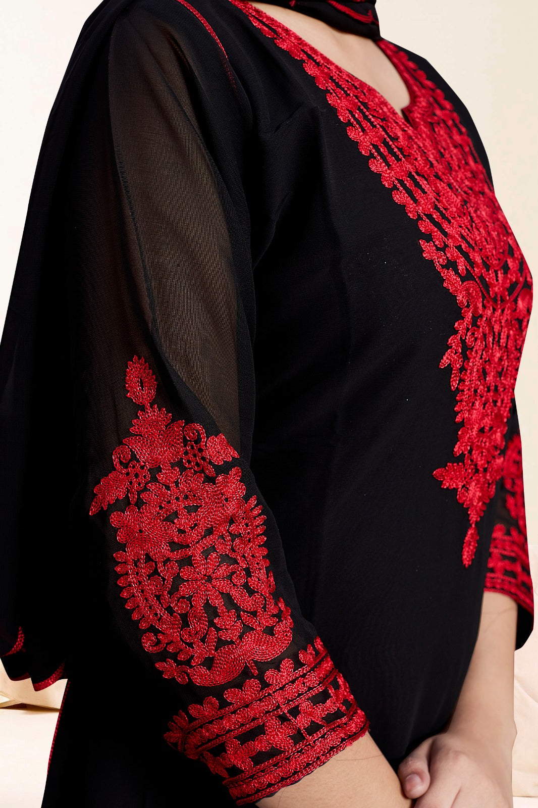 Black Georgette Embroidered Kurti With Red Thread Work And Dupatta