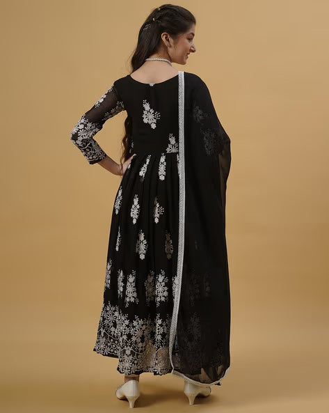 Womens Black Anarkali Suit Set With White Floral Embroidery