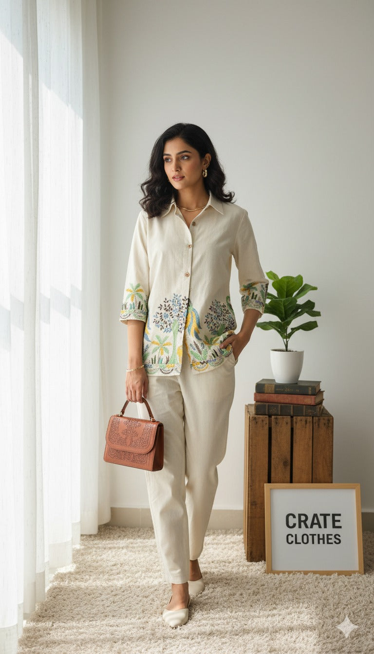 Cream Embroidered Floral Silk Co Ord Set for Women