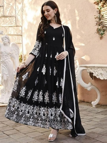 Womens Black Anarkali Suit Set With White Floral Embroidery