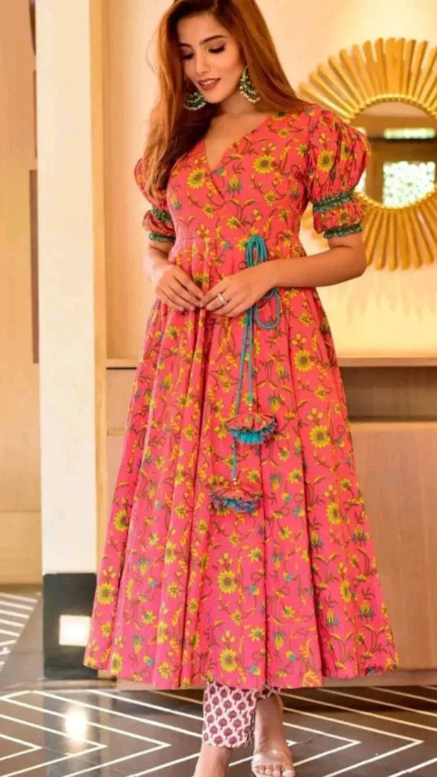 Orange Kalamkari Printed Designer Gown for Women