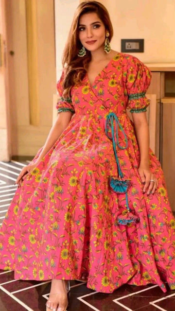 Orange Kalamkari Printed Designer Gown for Women