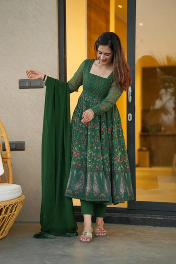 Dark Green Georgette Anarkali Kurta Pant Set with Dupatta