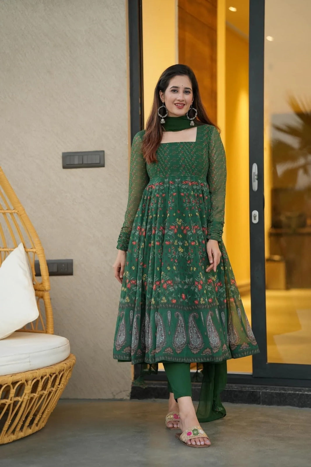 Dark Green Georgette Anarkali Kurta Pant Set with Dupatta