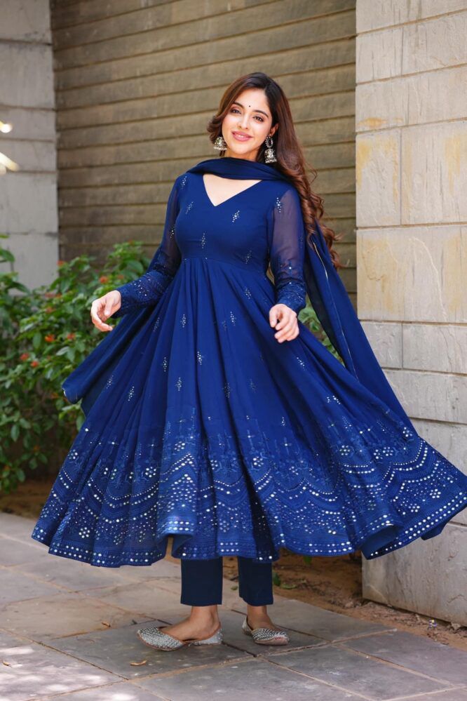 Glimmering Blue Color Sequence Thread Work Anarkali Gown