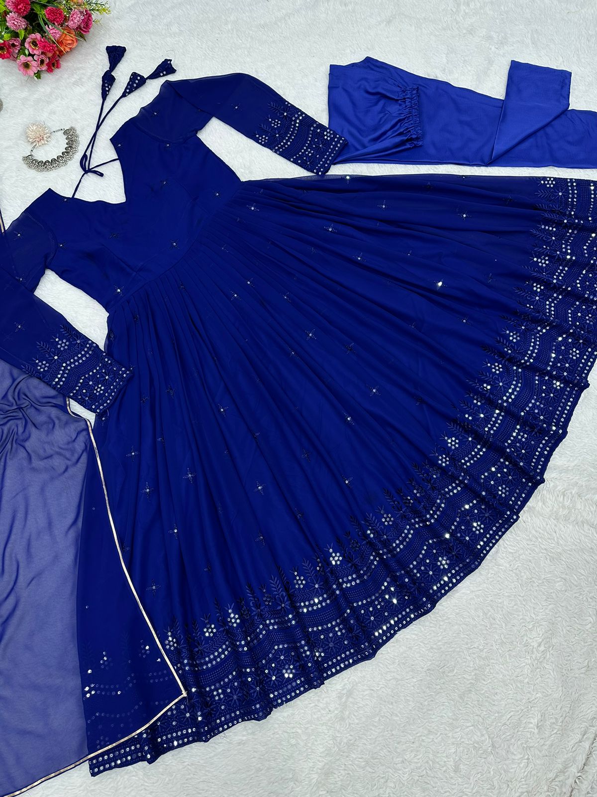Glimmering Blue Color Sequence Thread Work Anarkali Gown