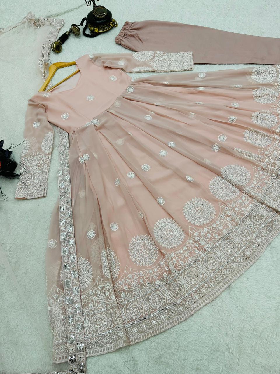 Classic Peach Color Embroidery Work Anarkali Gown