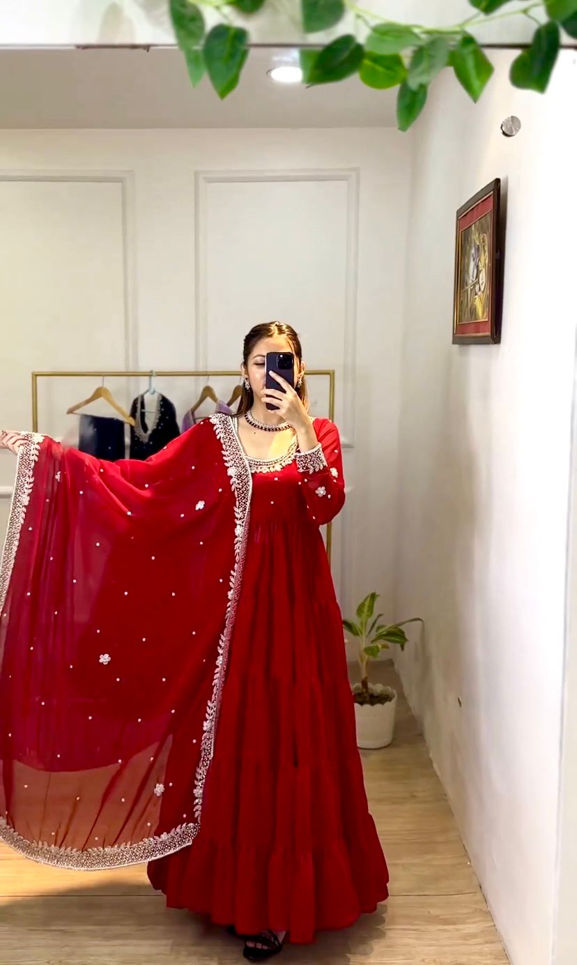 Ruffle Style Red Color Sequence Work Anarkali Gown