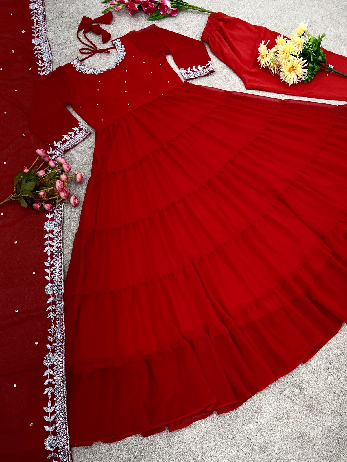 Ruffle Style Red Color Sequence Work Anarkali Gown