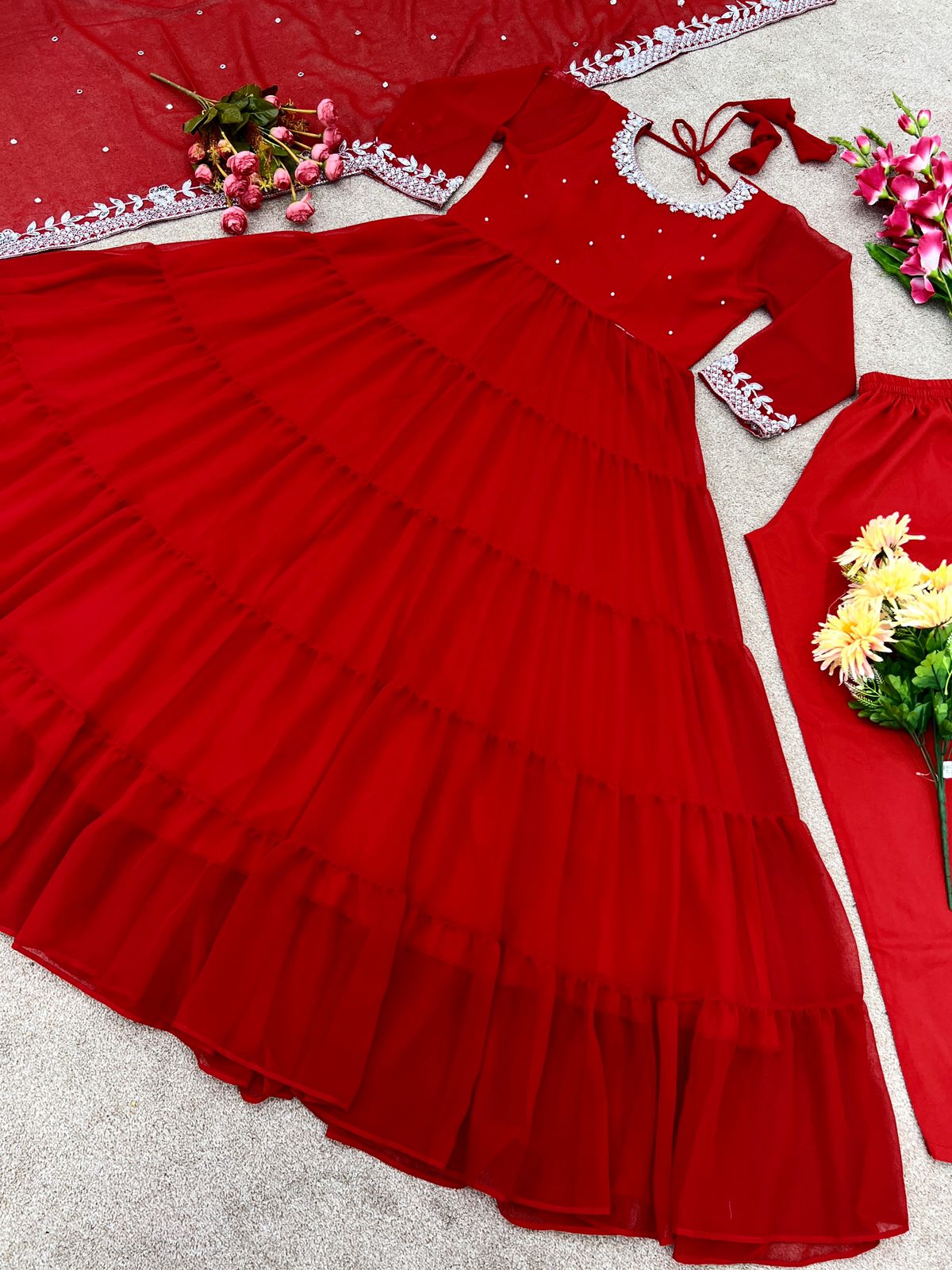 Ruffle Style Red Color Sequence Work Anarkali Gown